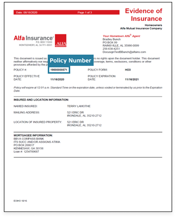 Sample Homeowners Evidence of Insurance Page | Alfa Insurance